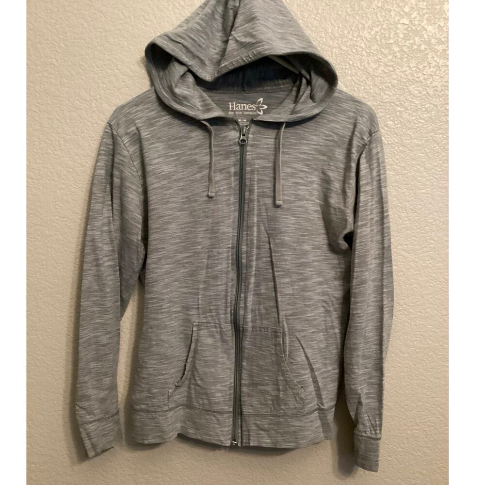 Hanes Women's Lightweight Slub Grey Jersey Full Zip Hoodie M